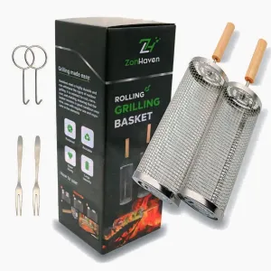 Rolling Grill Basket(2PCS) Removable Wooden Handle, 304 Stainless Steel, Lockable Nesting Grilling Net, BBQ Accessories Tool for Vegetable Shrimp, Rolling Grill Basket For Outdoor Cooking Camping, BBQ Gift For Men Dad Brother