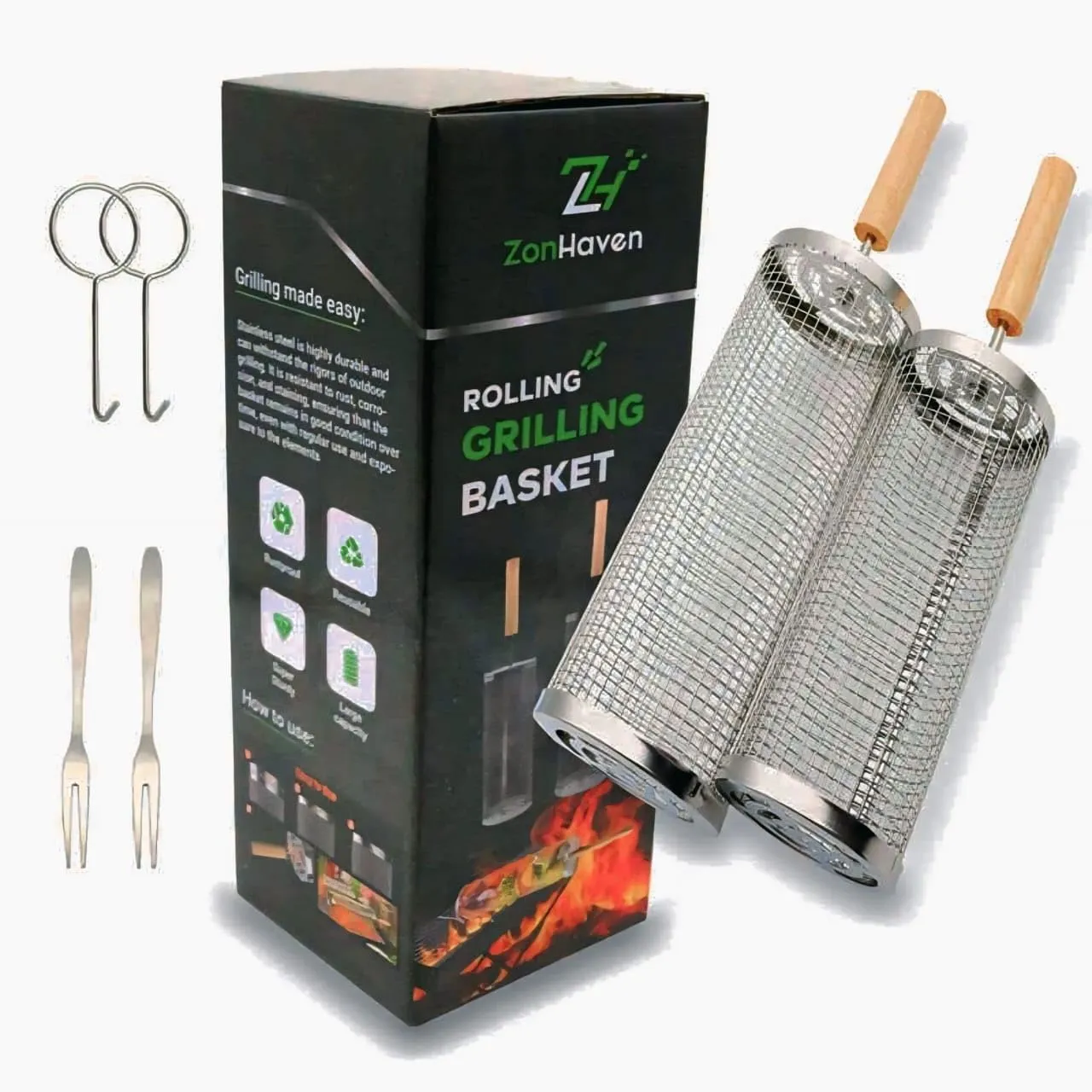 Rolling Grill Basket(2PCS) Removable Wooden Handle, 304 Stainless Steel, Lockable Nesting Grilling Net, BBQ Accessories Tool for Vegetable Shrimp, Rolling Grill Basket For Outdoor Cooking Camping, BBQ Gift For Men Dad Brother