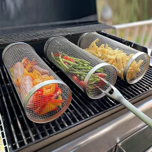 Rolling Grilling Basket Metal BBQ Net Portable