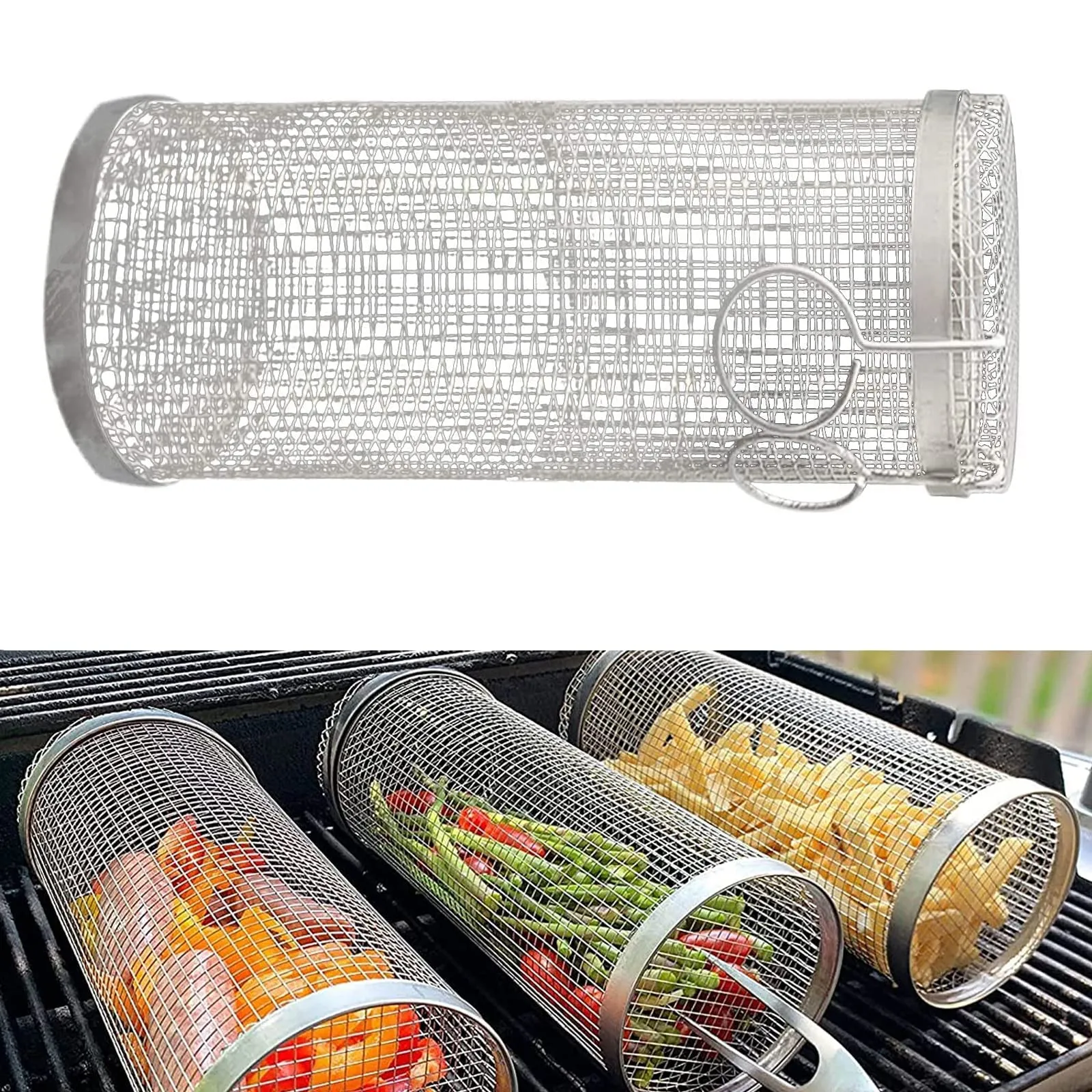 Rolling Grilling Basket Metal BBQ Net Portable