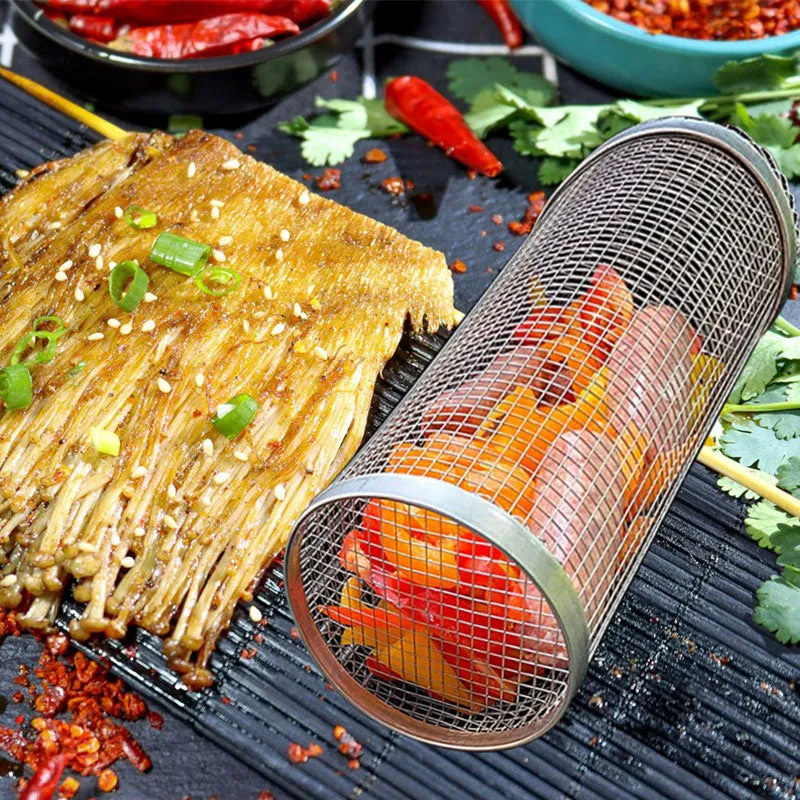 Rolling Grilling Basket Metal BBQ Net Portable
