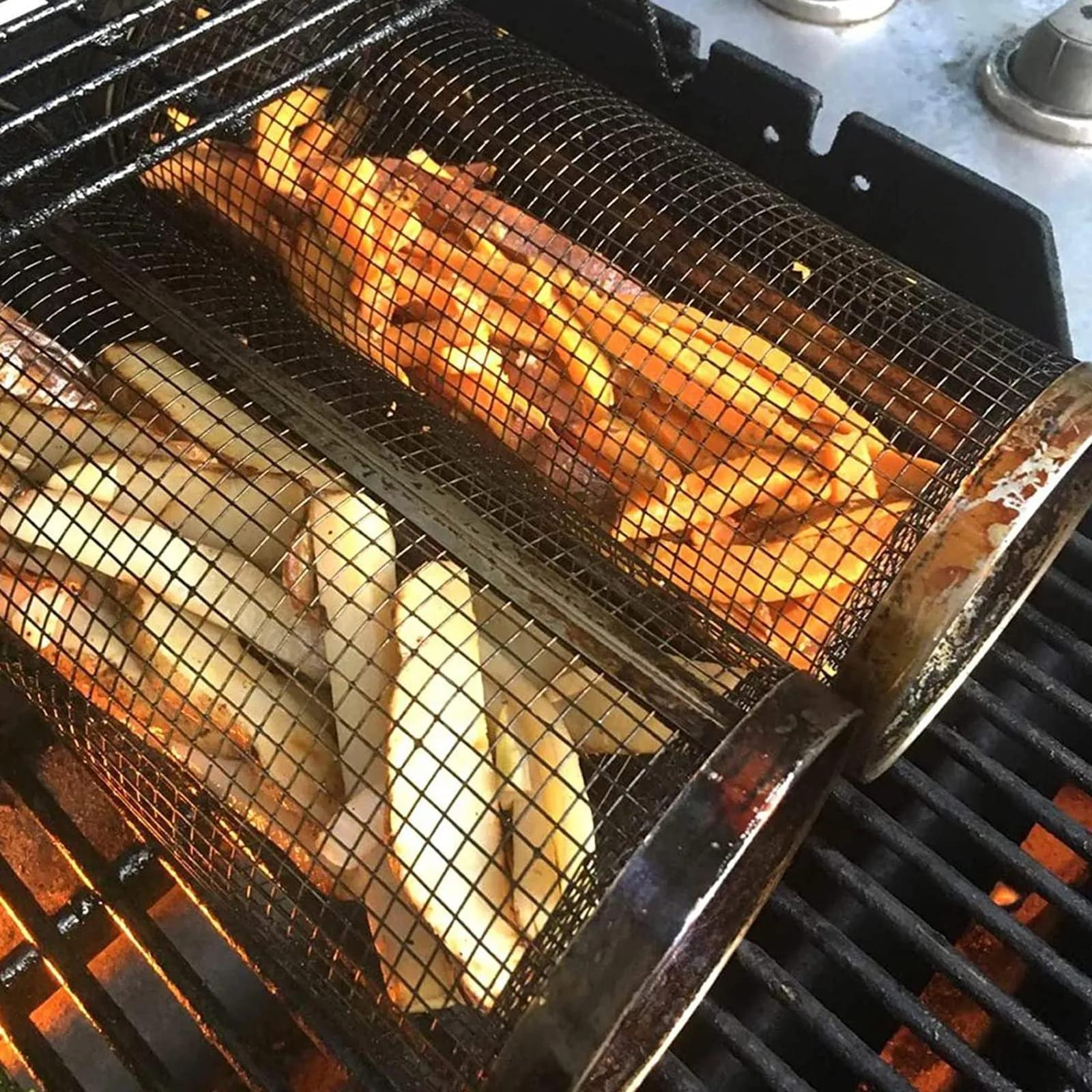 Rolling Grilling Basket Metal BBQ Net Portable
