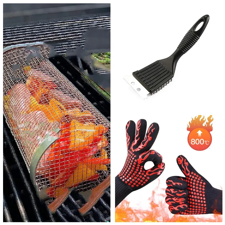Rolling Grilling Basket Metal BBQ Net Portable