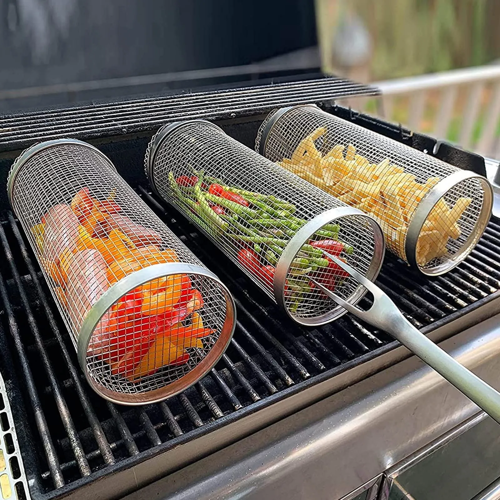 Rolling Grilling Basket Metal BBQ Net Portable