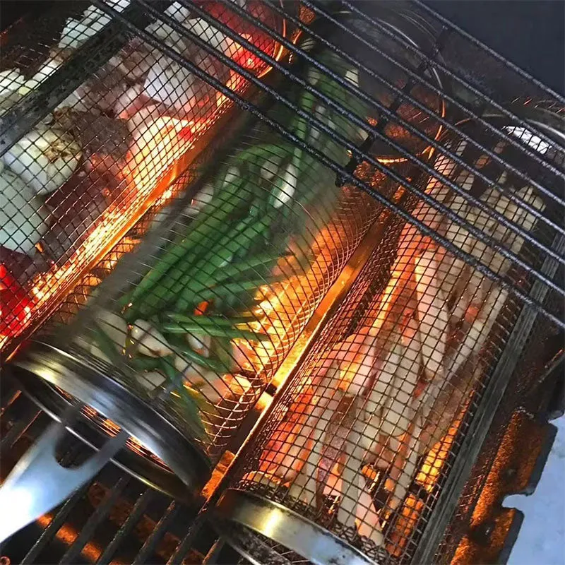 Rolling Grilling Basket Metal BBQ Net Portable