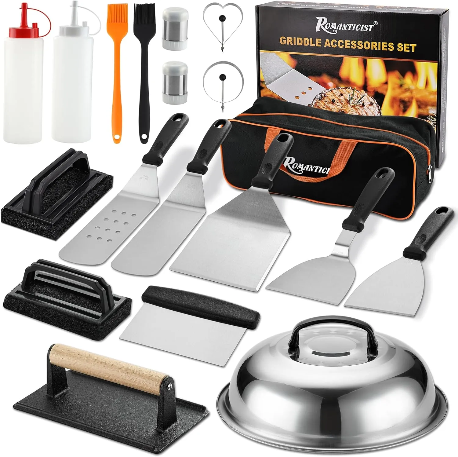 ROMANTICIST 19PCS Griddle Accessories Set - Flat Top Teppanyaki Spatula Set with Scraper, Basting Cover for Camp Chef- Home Cooking Griddle and Outdoor BBQ Gifts for Christmas
