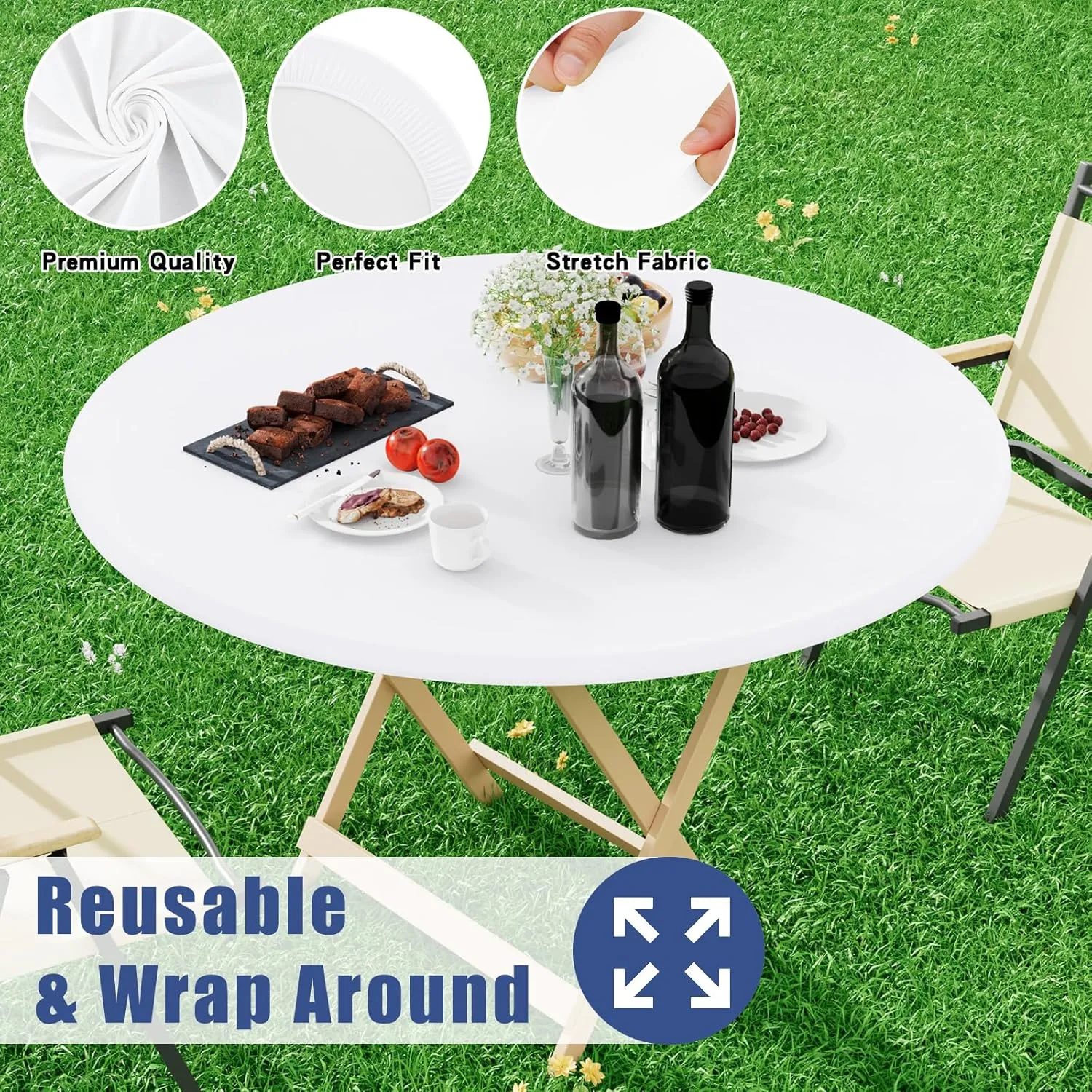 Round Spandex Table Cloth, Elastic Fitted Waterproof Tablecloths for 57"-68" Tables, Stretch Washable Picnic Table Cover for Camping, Dining, Indoor and Outdoor, White