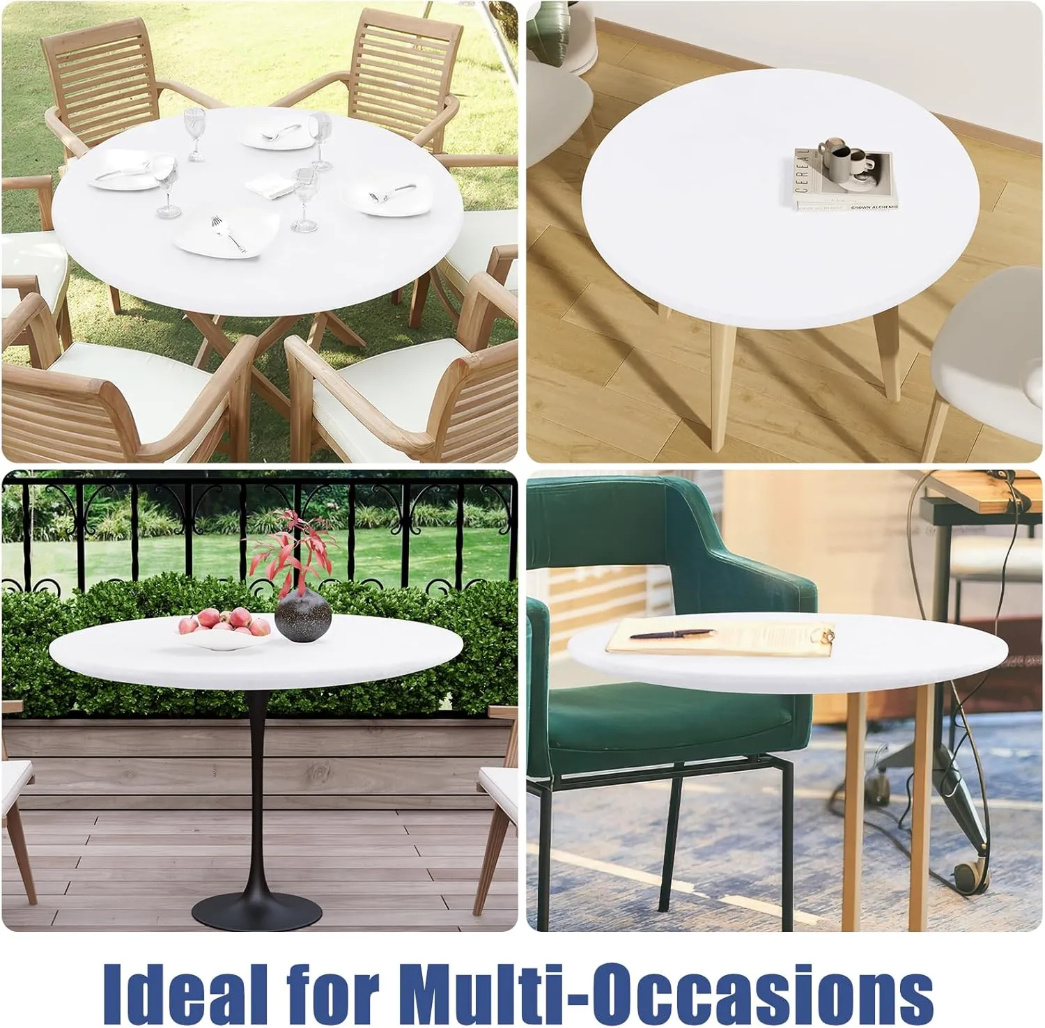 Round Spandex Table Cloth, Elastic Fitted Waterproof Tablecloths for 57"-68" Tables, Stretch Washable Picnic Table Cover for Camping, Dining, Indoor and Outdoor, White