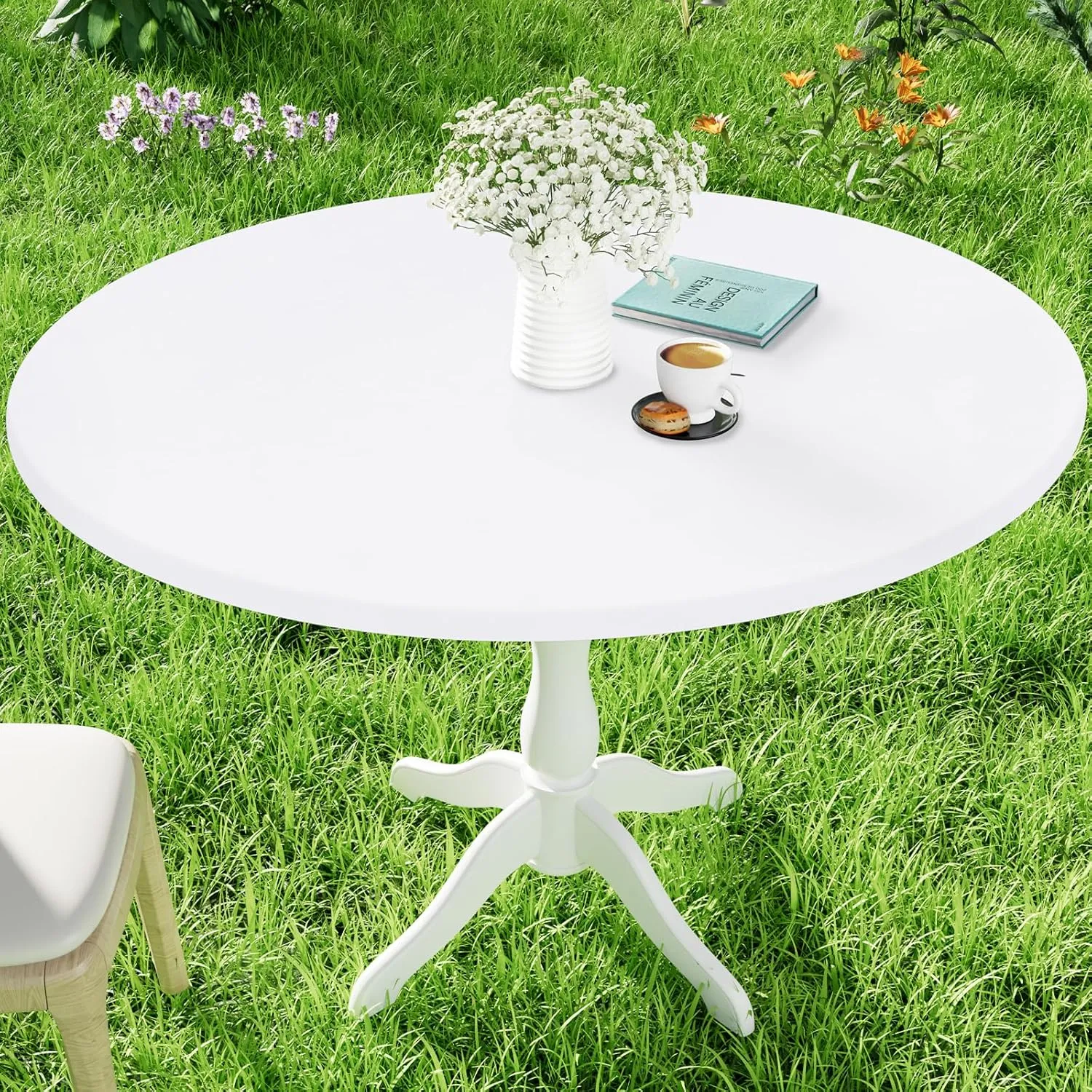 Round Spandex Table Cloth, Elastic Fitted Waterproof Tablecloths for 57"-68" Tables, Stretch Washable Picnic Table Cover for Camping, Dining, Indoor and Outdoor, White
