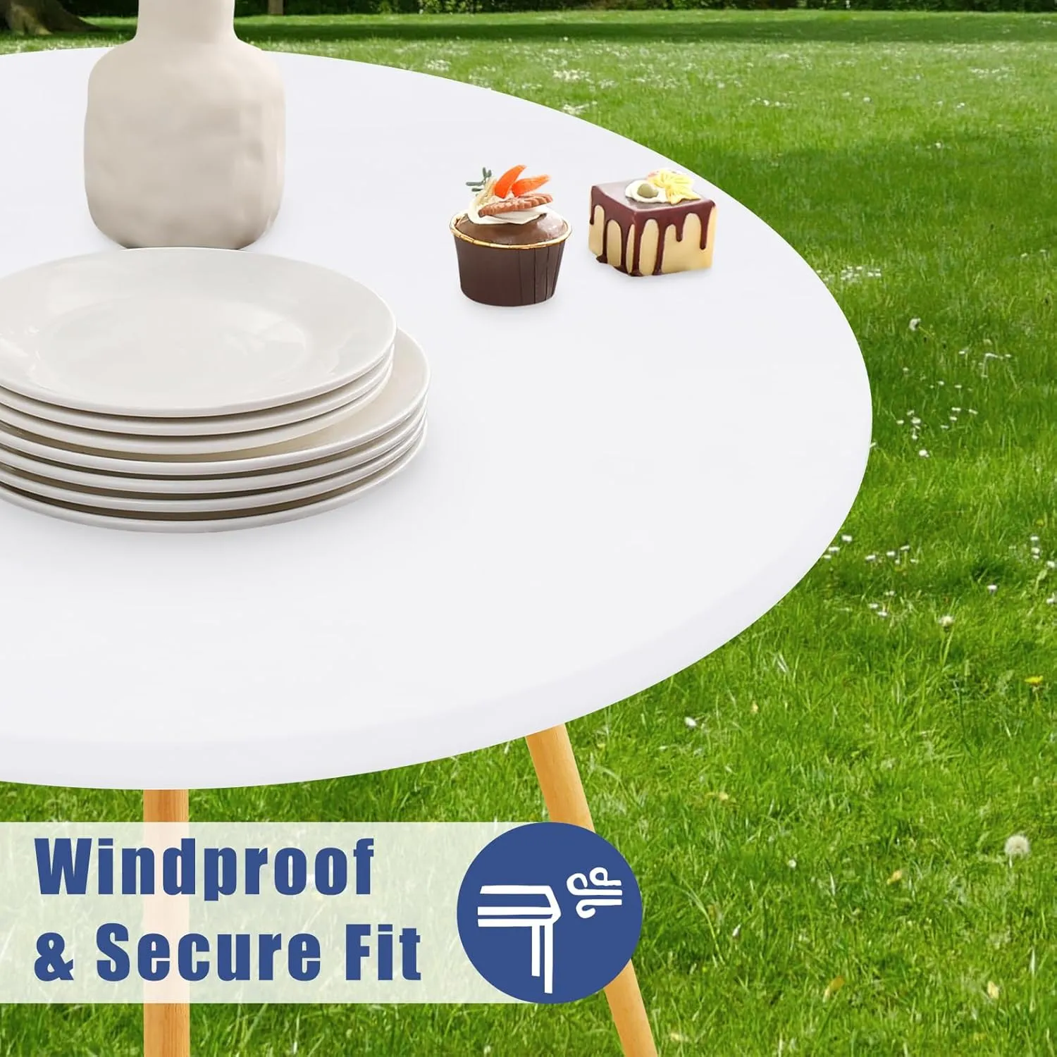 Round Spandex Table Cloth, Elastic Fitted Waterproof Tablecloths for 57"-68" Tables, Stretch Washable Picnic Table Cover for Camping, Dining, Indoor and Outdoor, White