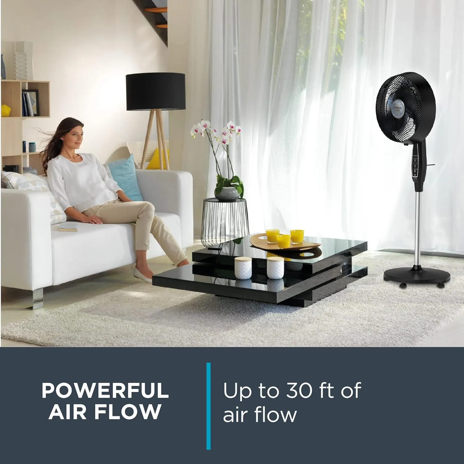 Rowenta, Pedestal Fan, Extreme Outdoor Fan with Remote, 65 Inches, Ultra Quiet Fan, Oscillating, Portable, 3 Speeds, Digital Control, Black, Ourdoor, VU4510