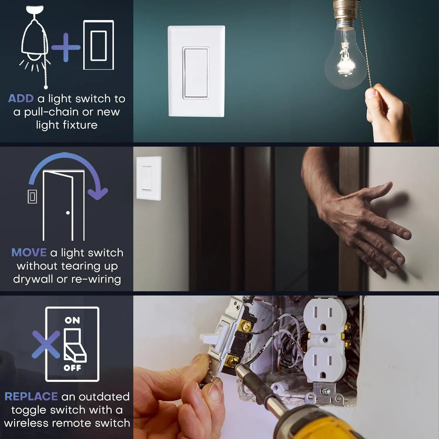 RunLessWire Single Pole Remote Light Switch Kit Wireless Battery-Free Self-Powered Kinetic DIY Wall Switch 150ft RF Range - Basic: 1 On/Off Receiver, 1 Switch - Light Almond