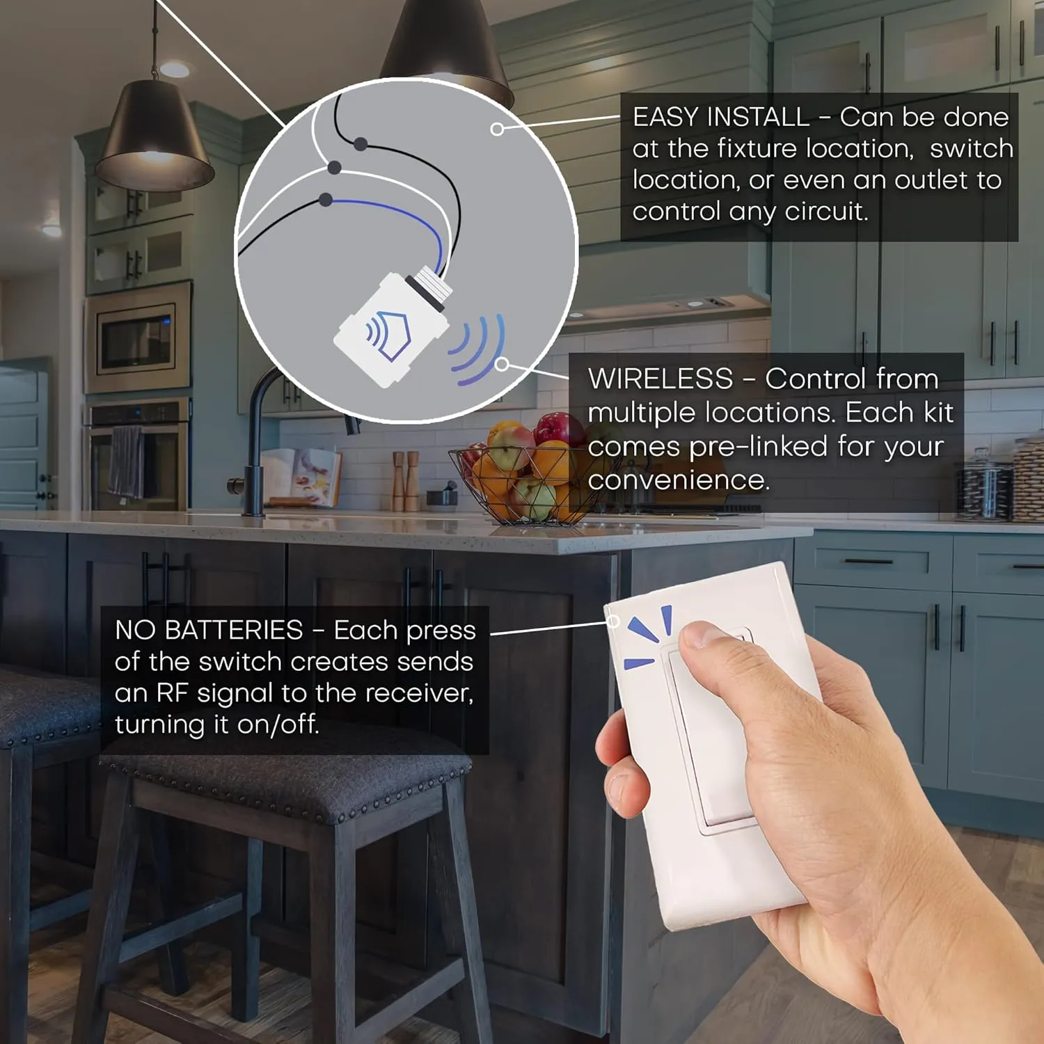 RunLessWire Single Pole Remote Light Switch Kit Wireless Battery-Free Self-Powered Kinetic DIY Wall Switch 150ft RF Range - Basic: 1 On/Off Receiver, 1 Switch - Light Almond