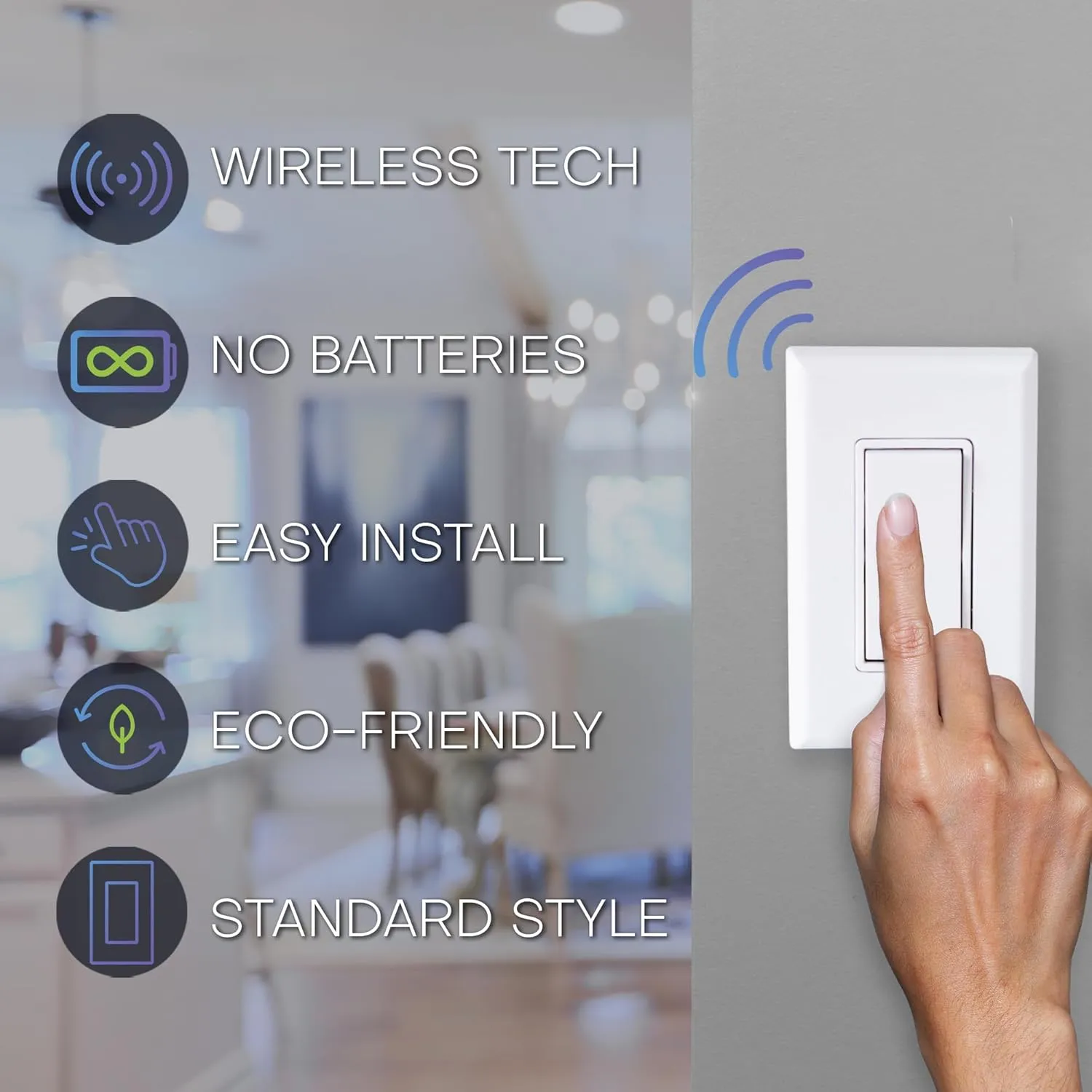 RunLessWire Single Pole Remote Light Switch Kit Wireless Battery-Free Self-Powered Kinetic DIY Wall Switch 150ft RF Range - Basic: 1 On/Off Receiver, 1 Switch - Light Almond