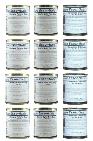 SAFECASTLE Freeze Dried Emergency Survival Canned Soup (Bacon & Split Pea, Chunky Potato, Dry Chili Soup) Long Storage Variety Food #2.5 Can Hiking, Backpacking & Camping | Easy Prep Shelf Pack of 12