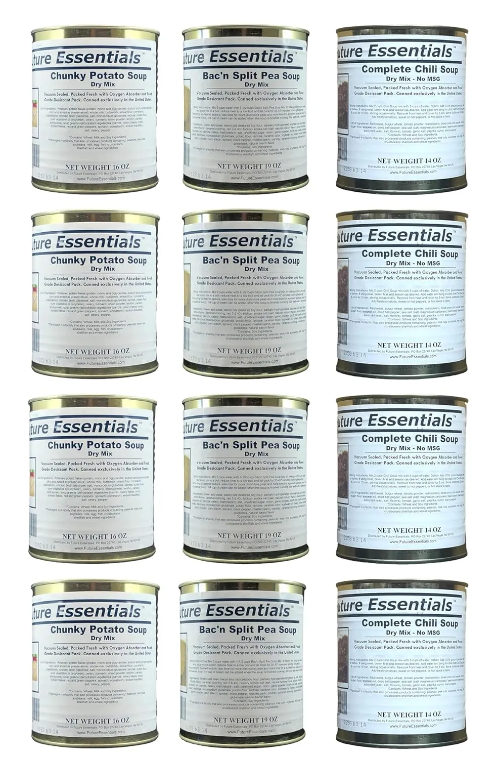 SAFECASTLE Freeze Dried Emergency Survival Canned Soup (Bacon & Split Pea, Chunky Potato, Dry Chili Soup) Long Storage Variety Food #2.5 Can Hiking, Backpacking & Camping | Easy Prep Shelf Pack of 12