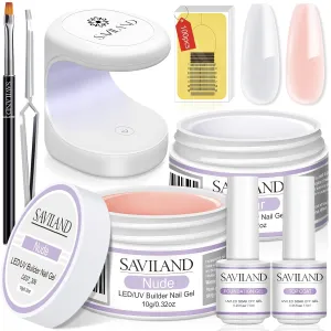 SAVILAND Builder Nail Gel Set - 2 Basic Colors Nail Extension Kit with Foundation Gel Top Gels LED Lamp Brush 100 Pcs Nails Forms at Home Salon