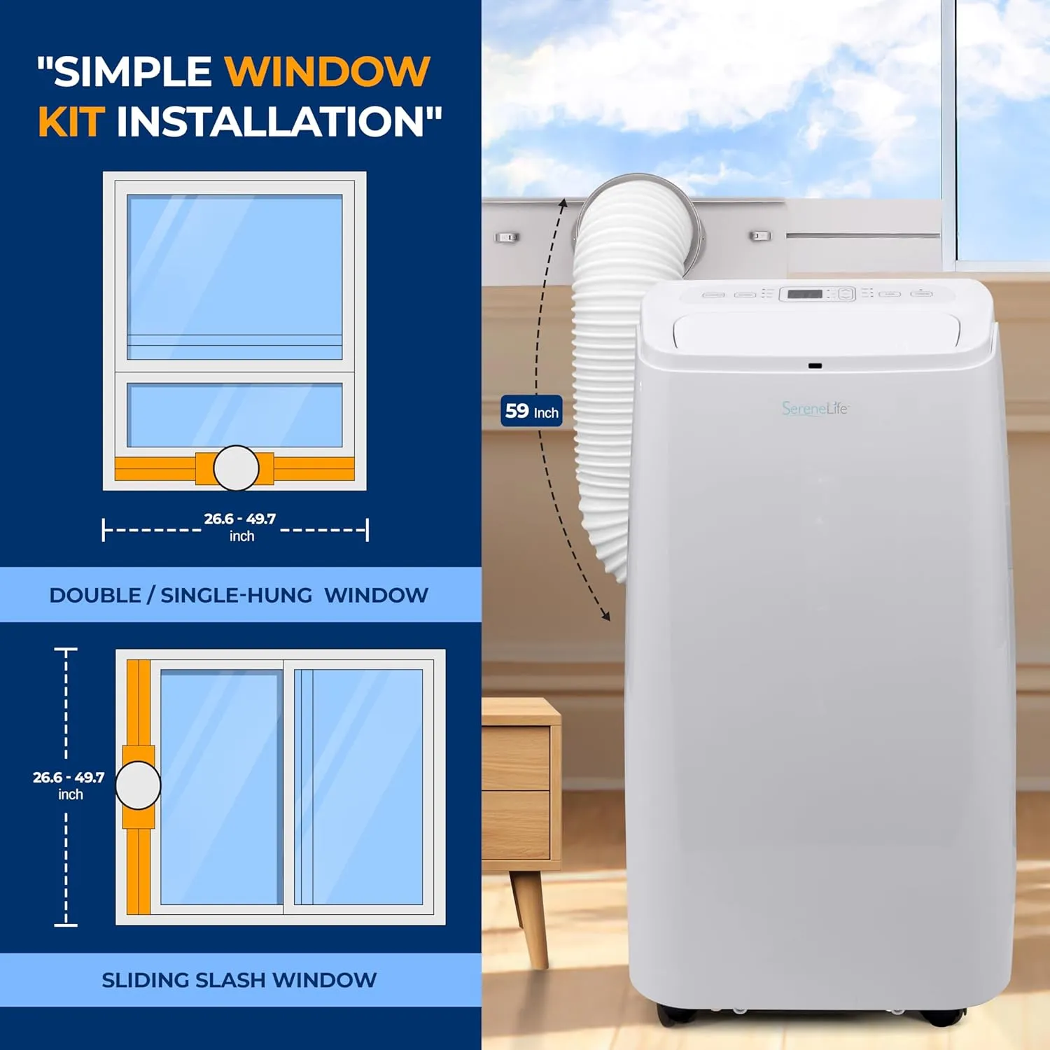 SereneLife Portable Electric Air Conditioner Unit-1150W 12000 BTU Power PlugIn AC Indoor Room Conditioning System w/ Cooler, Dehumidifier, Fan, Exhaust Hose, Window Seal, Wheels, Remote- SLPAC12,White