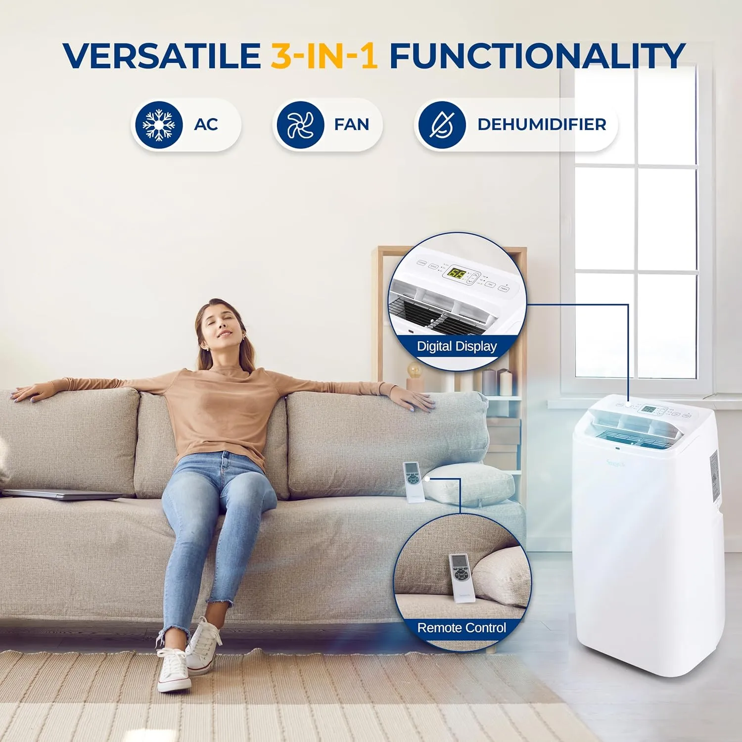 SereneLife Portable Electric Air Conditioner Unit-1150W 12000 BTU Power PlugIn AC Indoor Room Conditioning System w/ Cooler, Dehumidifier, Fan, Exhaust Hose, Window Seal, Wheels, Remote- SLPAC12,White