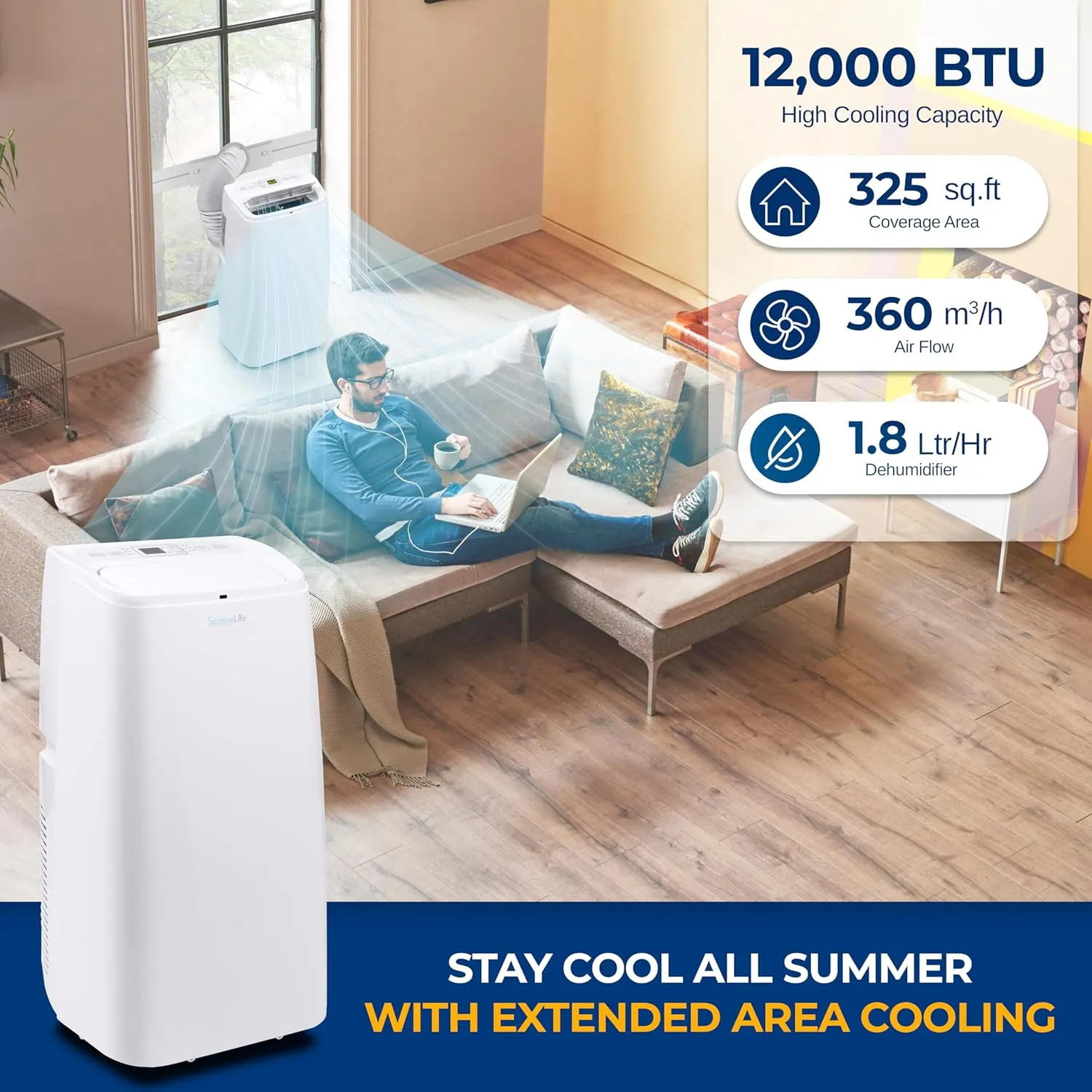 SereneLife Portable Electric Air Conditioner Unit-1150W 12000 BTU Power PlugIn AC Indoor Room Conditioning System w/ Cooler, Dehumidifier, Fan, Exhaust Hose, Window Seal, Wheels, Remote- SLPAC12,White