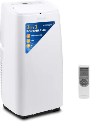 SereneLife Portable Electric Air Conditioner Unit-1150W 12000 BTU Power PlugIn AC Indoor Room Conditioning System w/ Cooler, Dehumidifier, Fan, Exhaust Hose, Window Seal, Wheels, Remote- SLPAC12,White