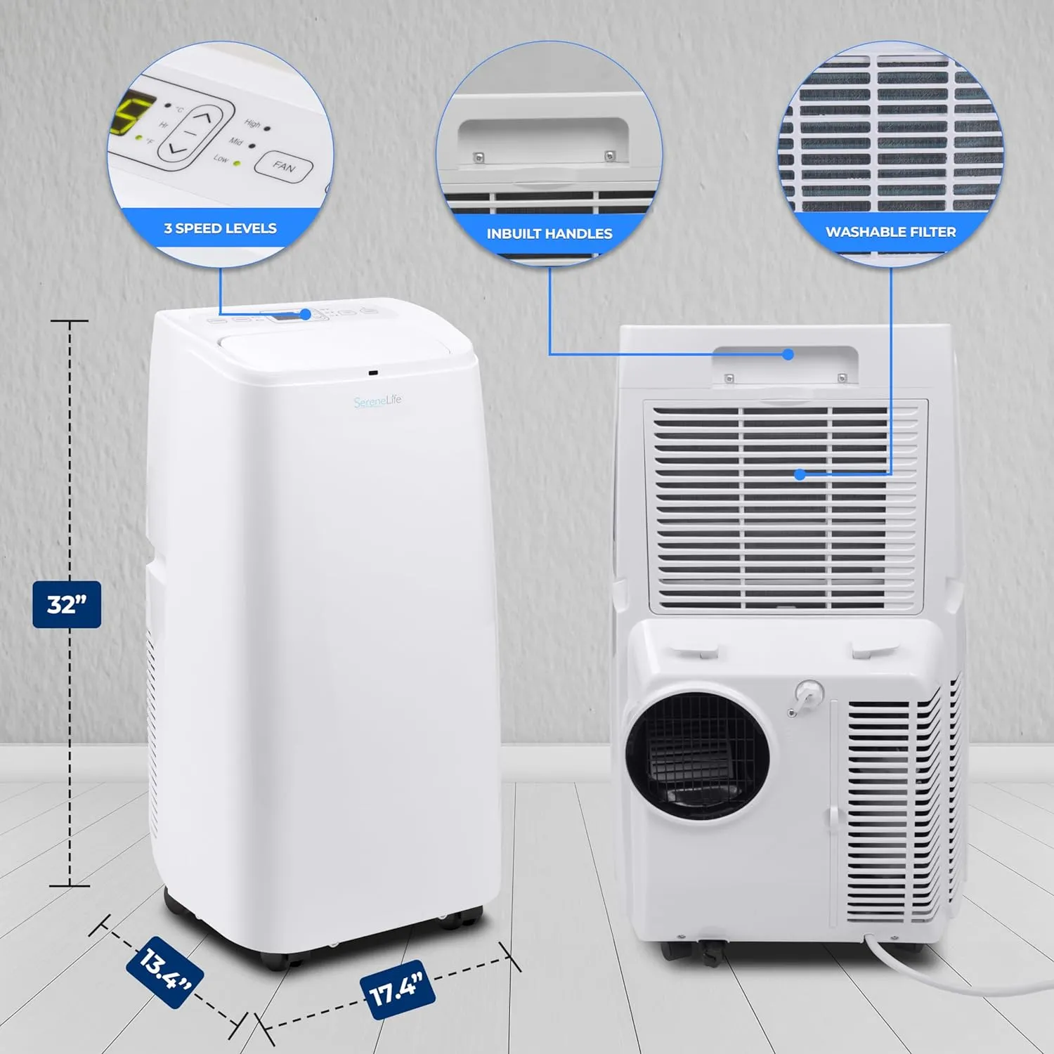 SereneLife Portable Electric Air Conditioner Unit-1150W 12000 BTU Power PlugIn AC Indoor Room Conditioning System w/ Cooler, Dehumidifier, Fan, Exhaust Hose, Window Seal, Wheels, Remote- SLPAC12,White