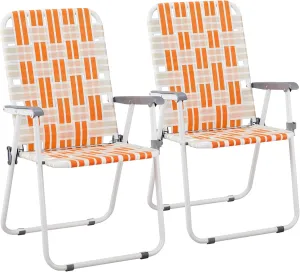 Set of 2 Webbed Folding Beach Chairs, Outdoor Patio Lawn Foldable Chairs for Camping Fishing Yard Poolside BBQ (Orange & White)