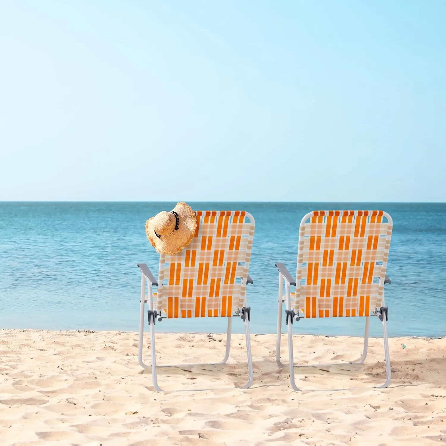 Set of 2 Webbed Folding Beach Chairs, Outdoor Patio Lawn Foldable Chairs for Camping Fishing Yard Poolside BBQ (Orange & White)