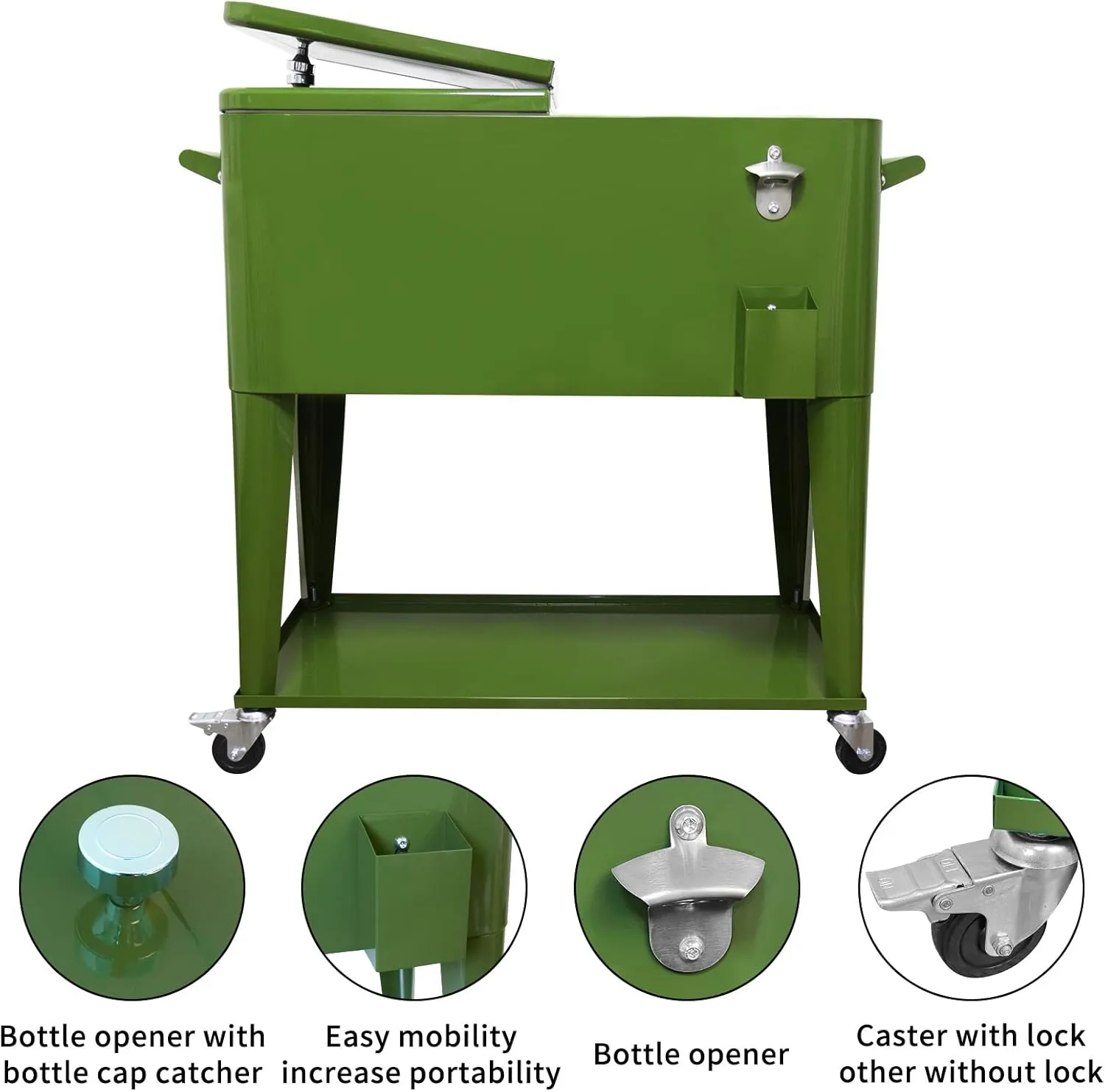 SHAREWIN 80QT Rolling Cooler Cart with Wheels, Ice Chest Outdoor Backyard Coolers on Wheels with Large Storage Space, Portable Drink Beverage Bar for Patio Pool Party with Shelf and Bottle Opener