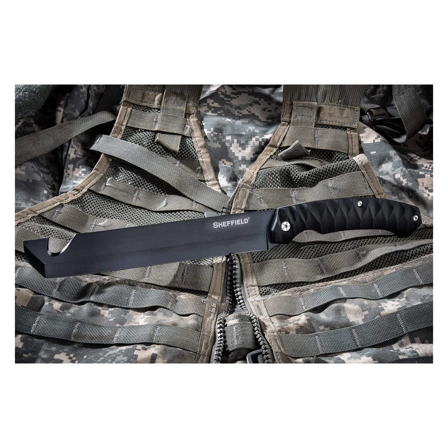 Sheffield 12141 Fletcher 9 Inch Tanto Tactical Blade Machete for Camping, Surivalists, Self-Defense, Hunting, and Gardening, Partially Serrated Fixed Blade Knife with Gut Hook, Black