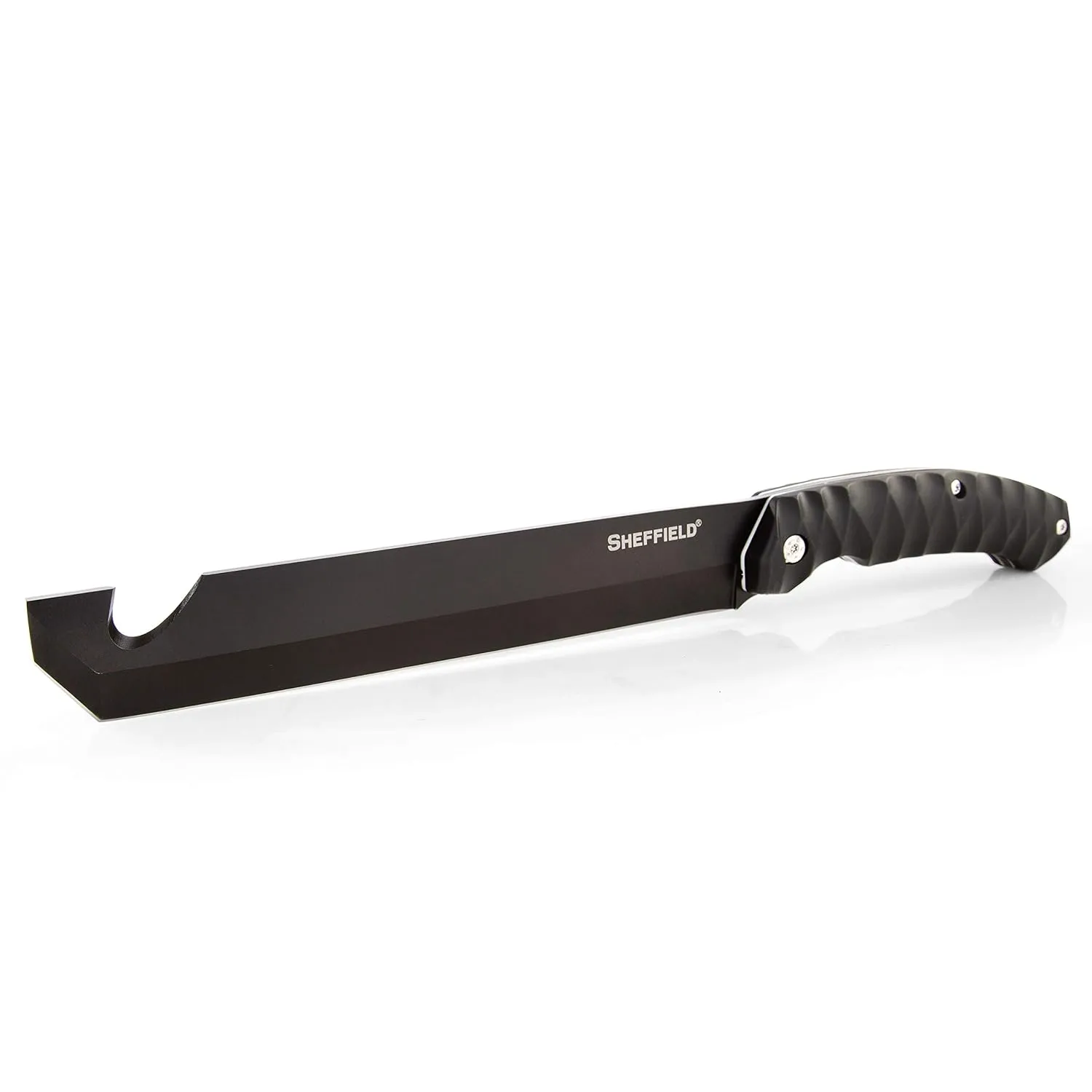 Sheffield 12141 Fletcher 9 Inch Tanto Tactical Blade Machete for Camping, Surivalists, Self-Defense, Hunting, and Gardening, Partially Serrated Fixed Blade Knife with Gut Hook, Black