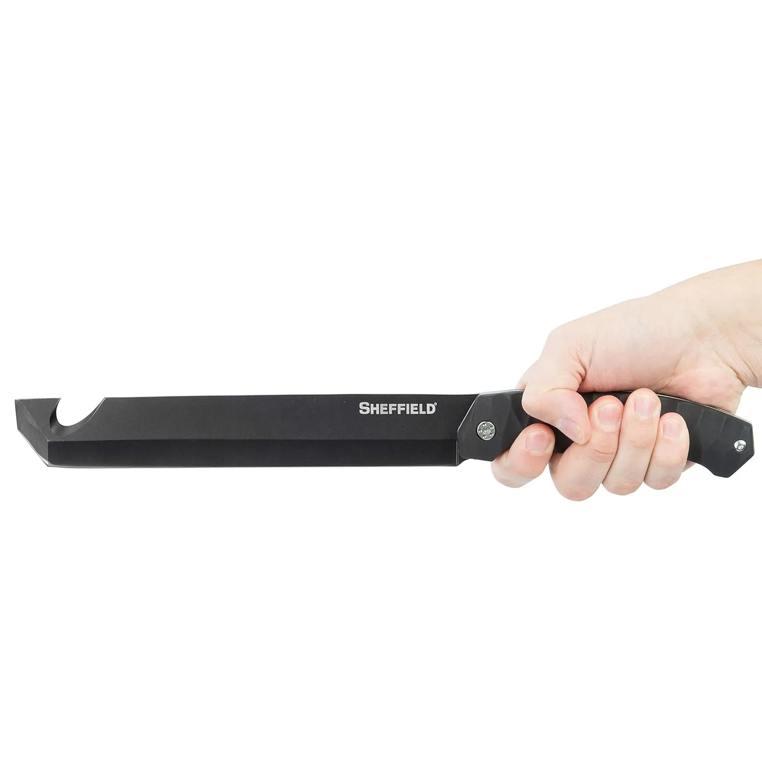 Sheffield 12141 Fletcher 9 Inch Tanto Tactical Blade Machete for Camping, Surivalists, Self-Defense, Hunting, and Gardening, Partially Serrated Fixed Blade Knife with Gut Hook, Black