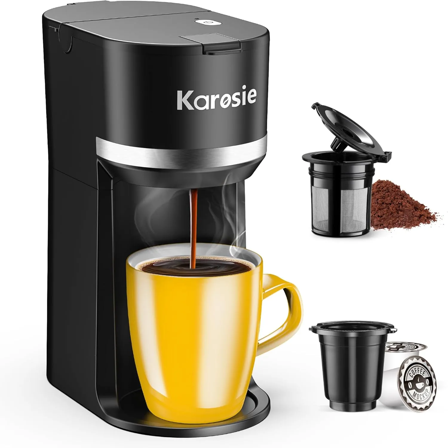 Single Serve Coffee Maker for K-Cup and Ground Coffee, Fast Brew, 6-12 oz Brew Sizes One Cup Coffee Machine Fits 5.5" Mugs, One-Button Small Coffee Maker with Descaling Reminder