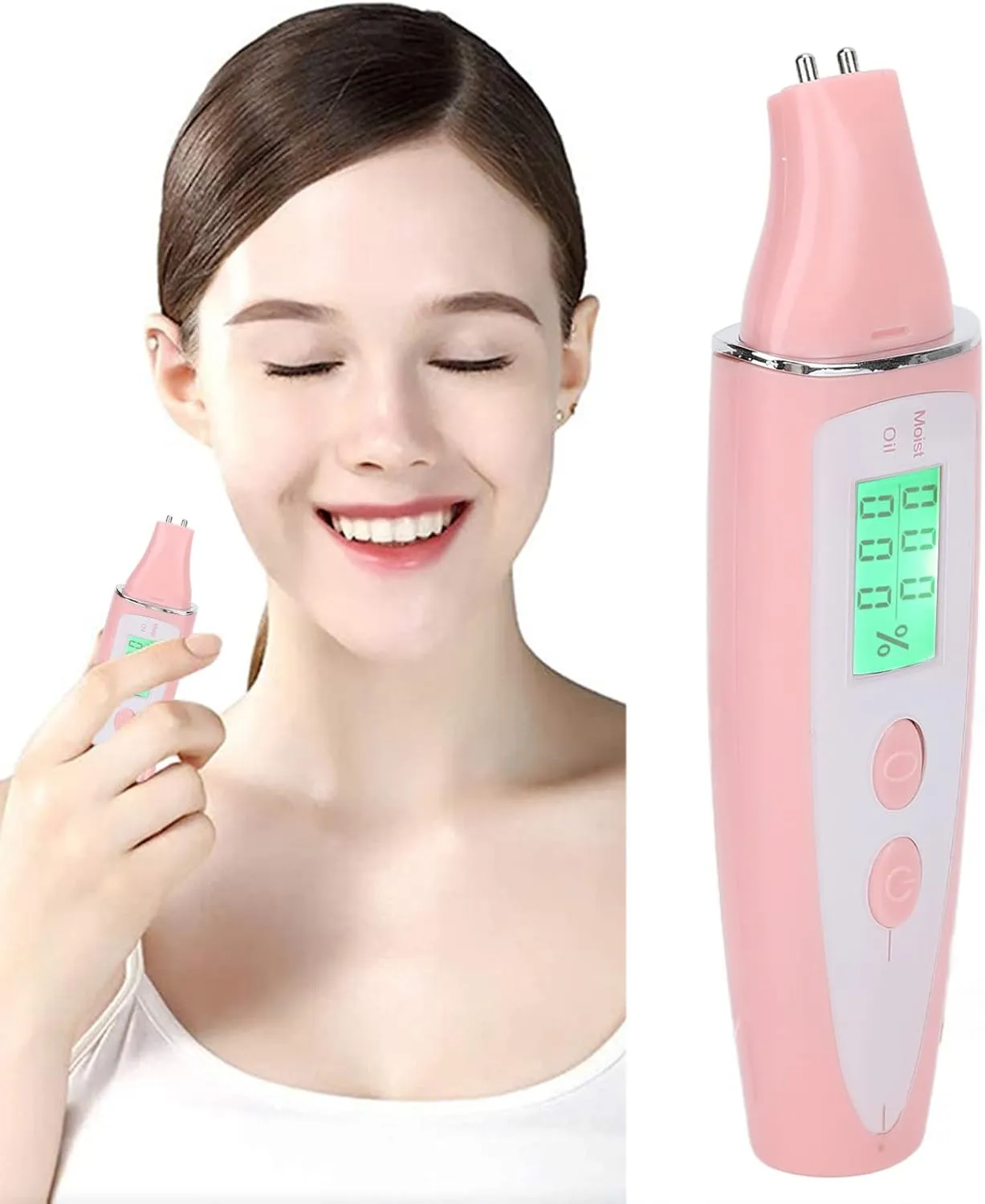 Skin Analyzer, Digital LCD Display Precision Skin Sensor Tester Facial Water Oil Analyzer Facial Sensor Tester Portable Moisture Tester Skin Monitor Detector Face Water Oil Tester for Home Salon(Pink)