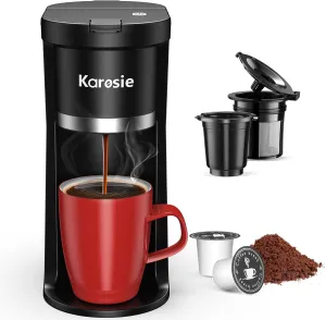Slim Single Serve Coffee Maker, Fast Brew for K-Cup & Ground Coffee Small One Cup Coffee Maker, 6-12 Oz Brew Sizes, Coffee Machine with Descaling Reminder and Water Window
