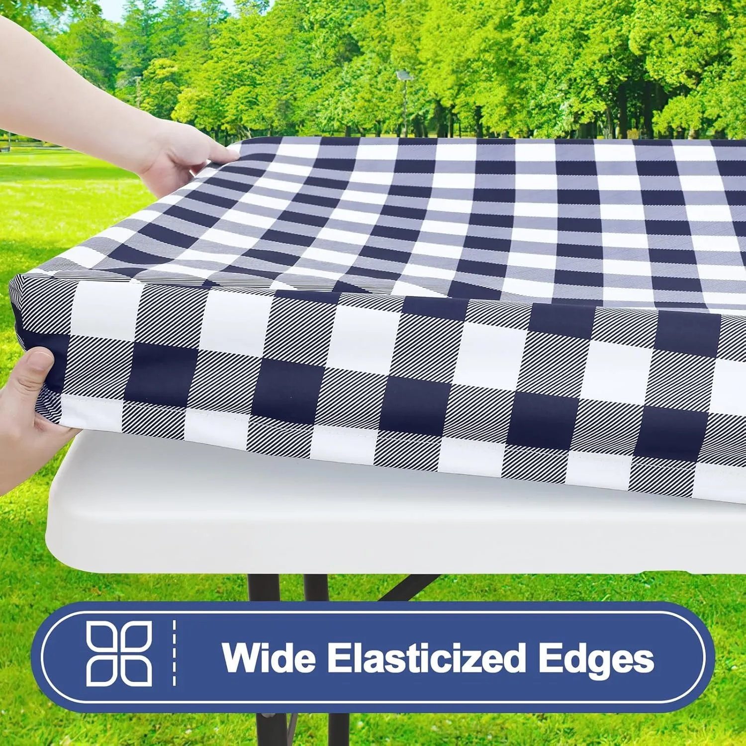 Smiry Picnic Table Cloth 2 Pack, Waterproof Elastic Fitted Tablecloths for 4FT Rectangle Tables, Washable Polyester Buffalo Plaid Tablecloth for Camping, Dining & Outdoor (Navy & White, 30" x 48")