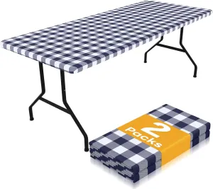 Smiry Picnic Table Cloth 2 Pack, Waterproof Elastic Fitted Tablecloths for 4FT Rectangle Tables, Washable Polyester Buffalo Plaid Tablecloth for Camping, Dining & Outdoor (Navy & White, 30" x 48")