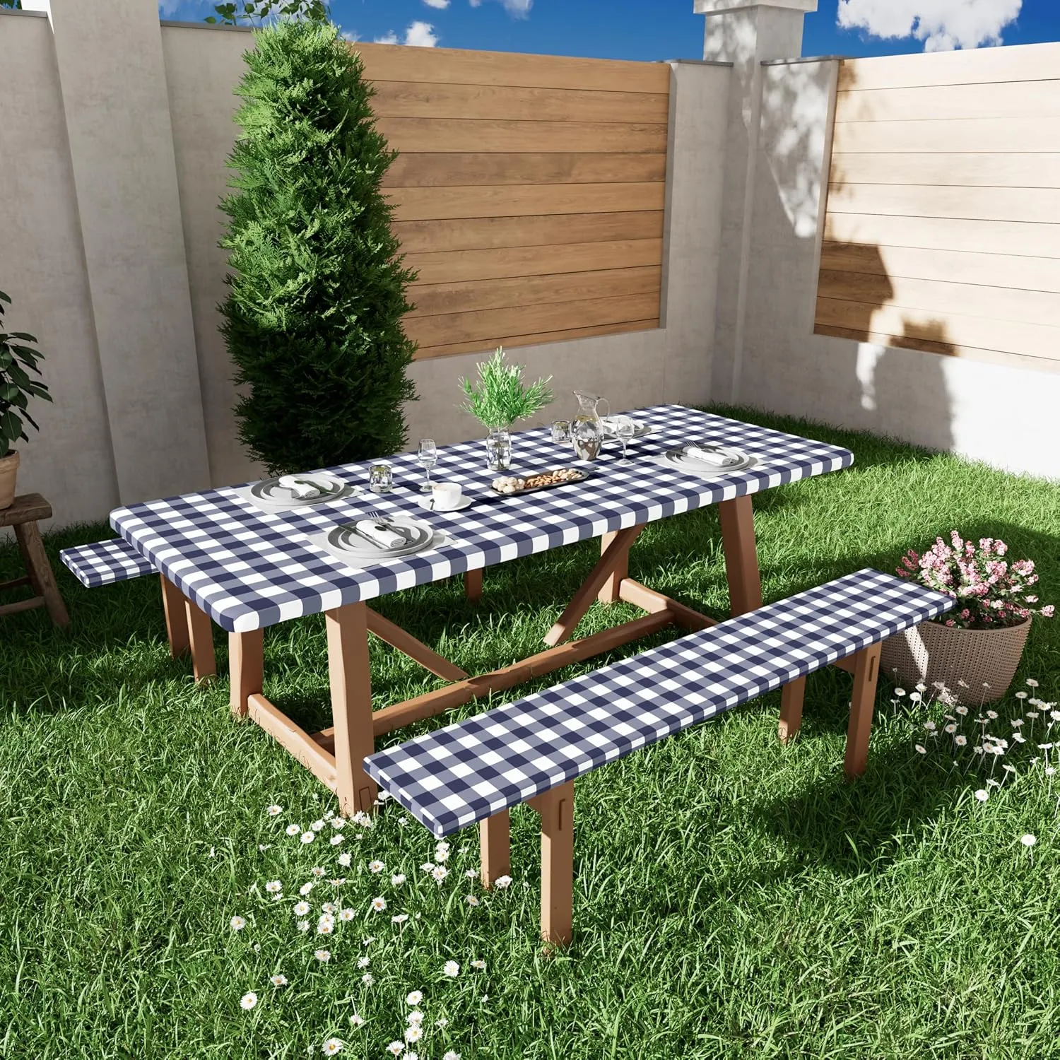 Smiry Picnic Table Cloth 2 Pack, Waterproof Elastic Fitted Tablecloths for 4FT Rectangle Tables, Washable Polyester Buffalo Plaid Tablecloth for Camping, Dining & Outdoor (Navy & White, 30" x 48")