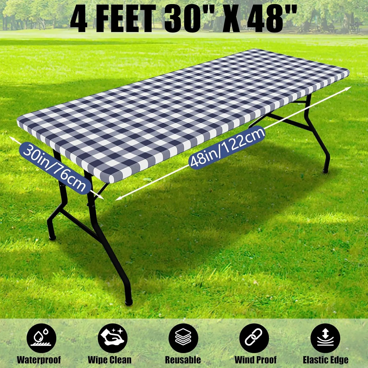 Smiry Picnic Table Cloth 2 Pack, Waterproof Elastic Fitted Tablecloths for 4FT Rectangle Tables, Washable Polyester Buffalo Plaid Tablecloth for Camping, Dining & Outdoor (Navy & White, 30" x 48")