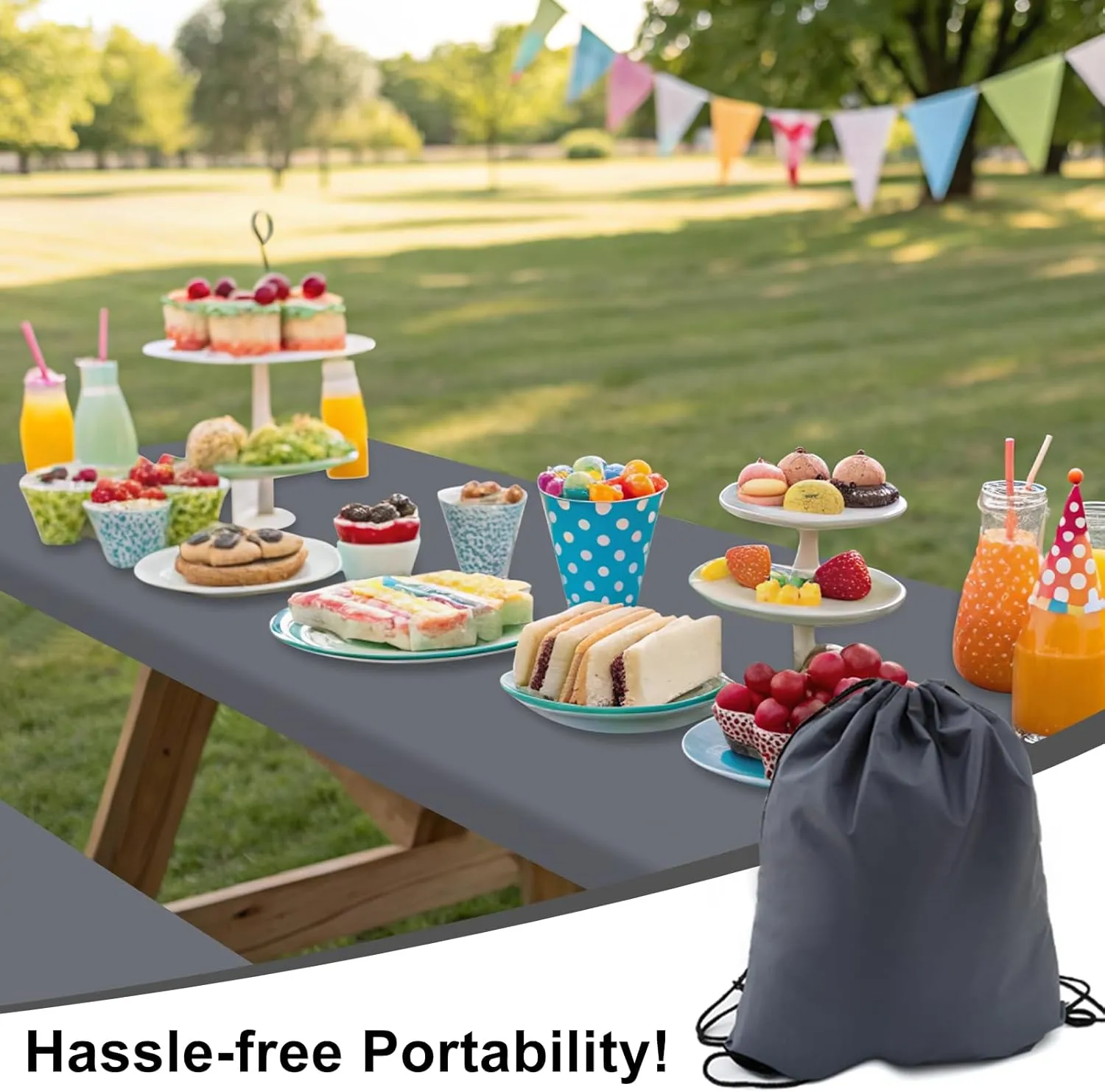 Smiry Picnic Table Cover with Bench Covers, Waterproof Elastic Fitted Polyester Tablecloths for 6 Ft Rectangle Tables, Washable Windproof Tablecloth for Camping, RV & Outdoor (Grey, 30x72 Inches)