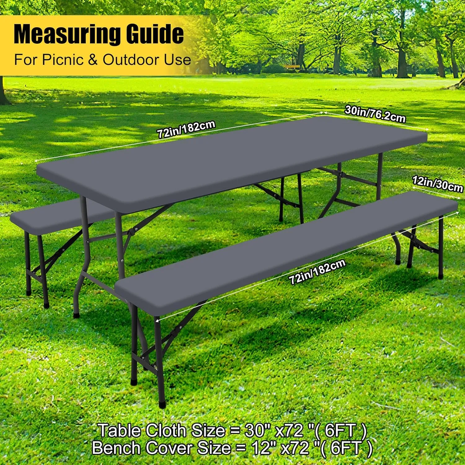 Smiry Picnic Table Cover with Bench Covers, Waterproof Elastic Fitted Polyester Tablecloths for 6 Ft Rectangle Tables, Washable Windproof Tablecloth for Camping, RV & Outdoor (Grey, 30x72 Inches)