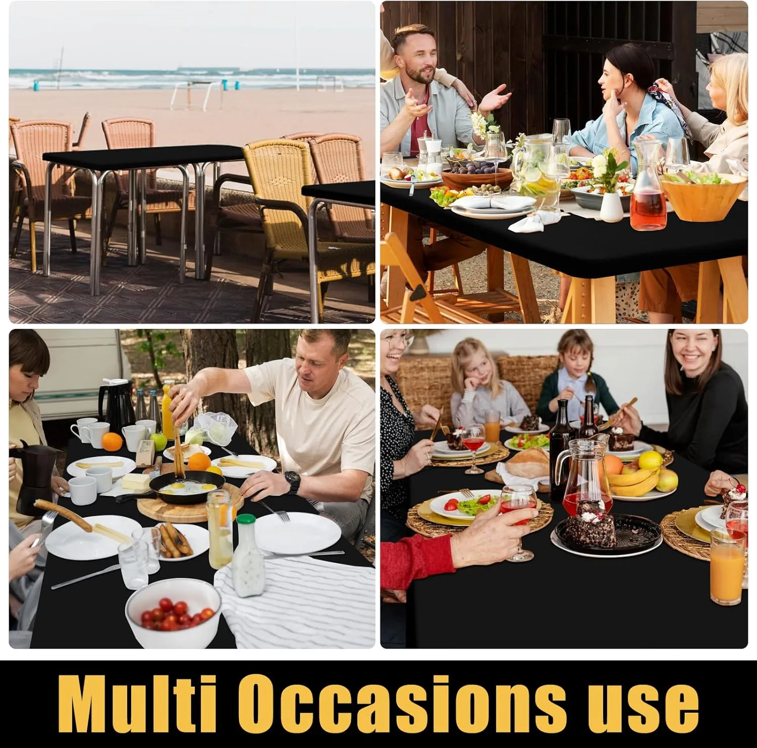 Smiry Rectangle Picnic Table Cloth 2 Pack, Waterproof Elastic Fitted Tablecloths for 6 Foot Tables, Washable Polyester Table Cover for Camping, Indoor and Outdoor (Black, 30"x72")