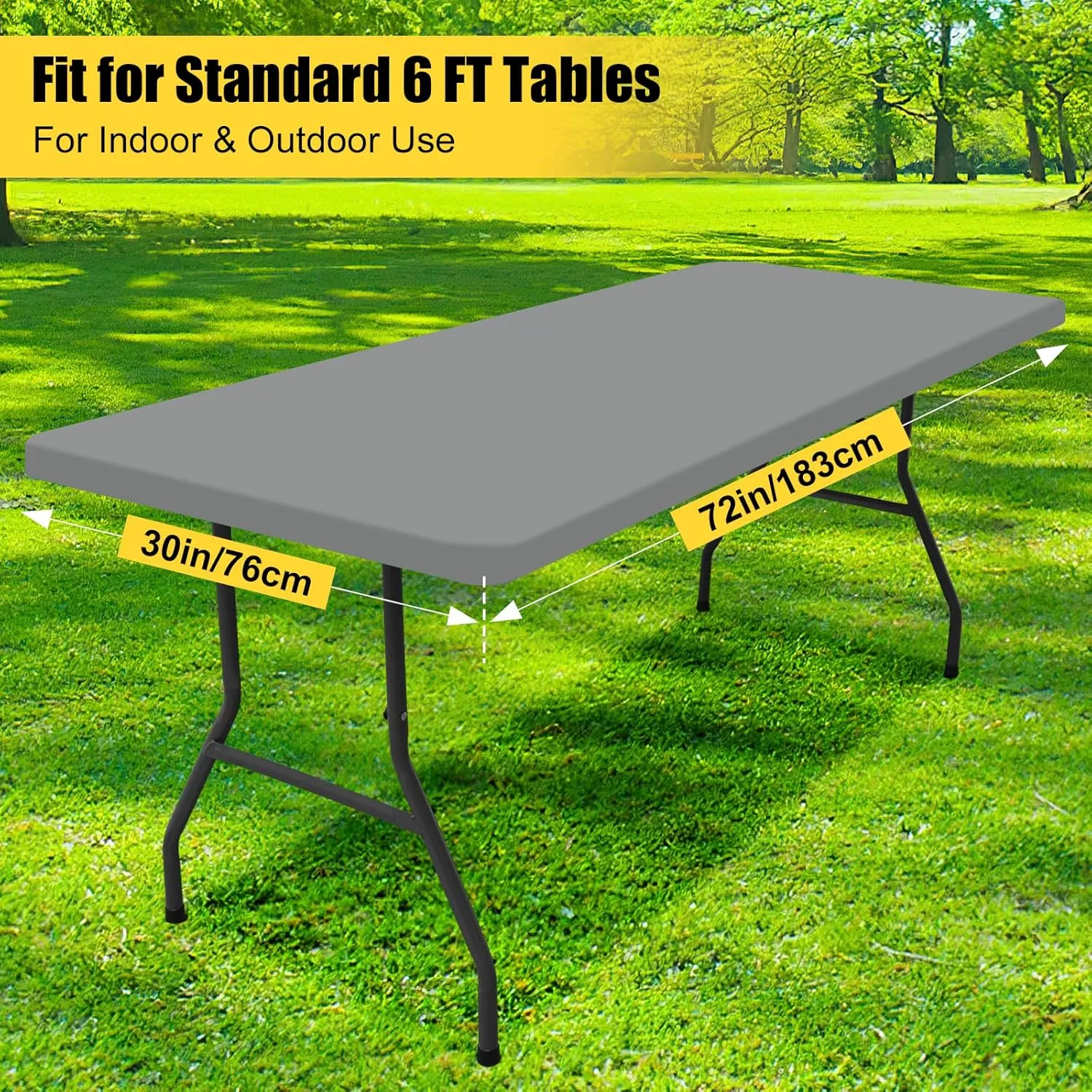 Smiry Rectangle Picnic Table Cloth 2 Pack, Waterproof Elastic Fitted Tablecloths for 6 Foot Tables, Washable Polyester Table Cover for Camping, Indoor and Outdoor (Grey, 30"x72")