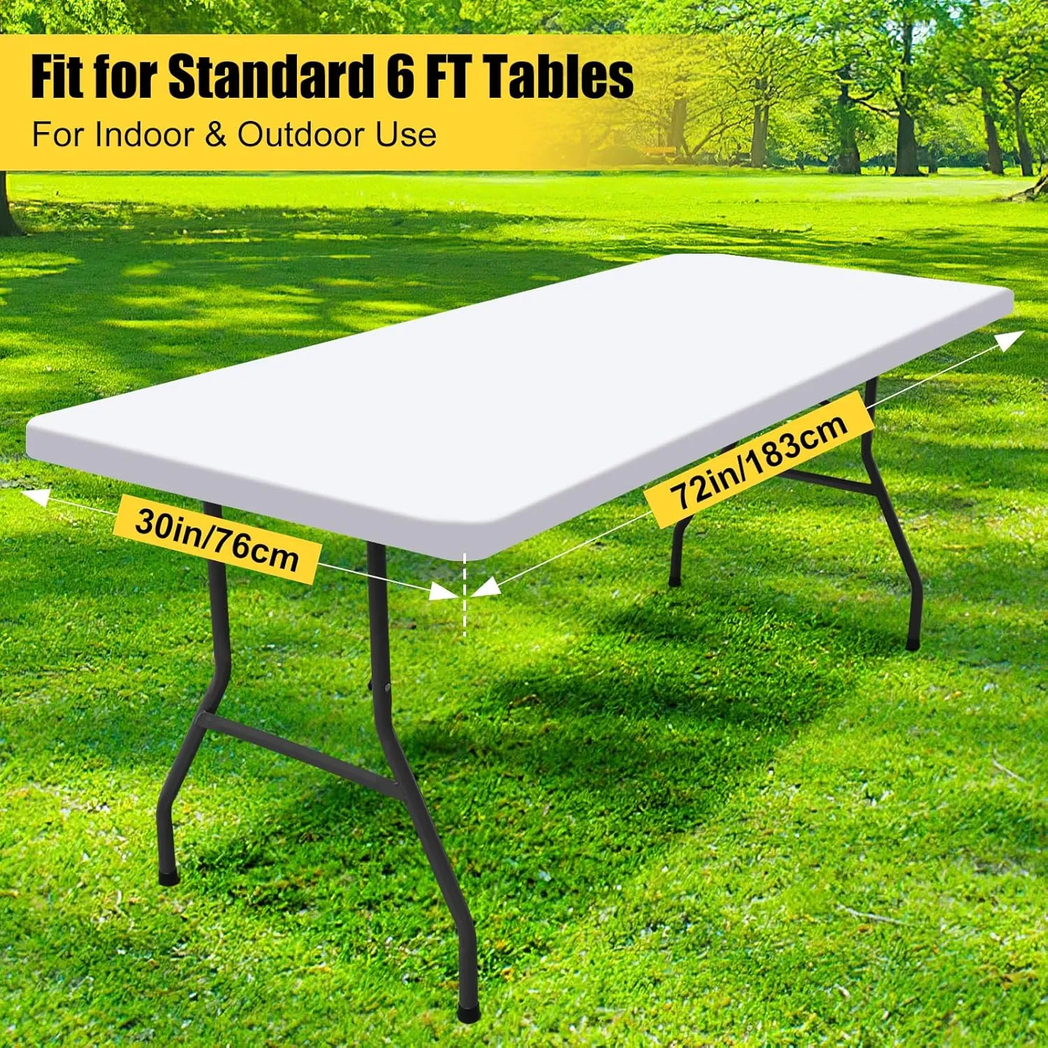 Smiry Rectangle Picnic Table Cloth 2 Pack, Waterproof Elastic Fitted Tablecloths for 6 Foot Tables, Washable Polyester Table Cover for Camping, Indoor and Outdoor (White, 30"x72")