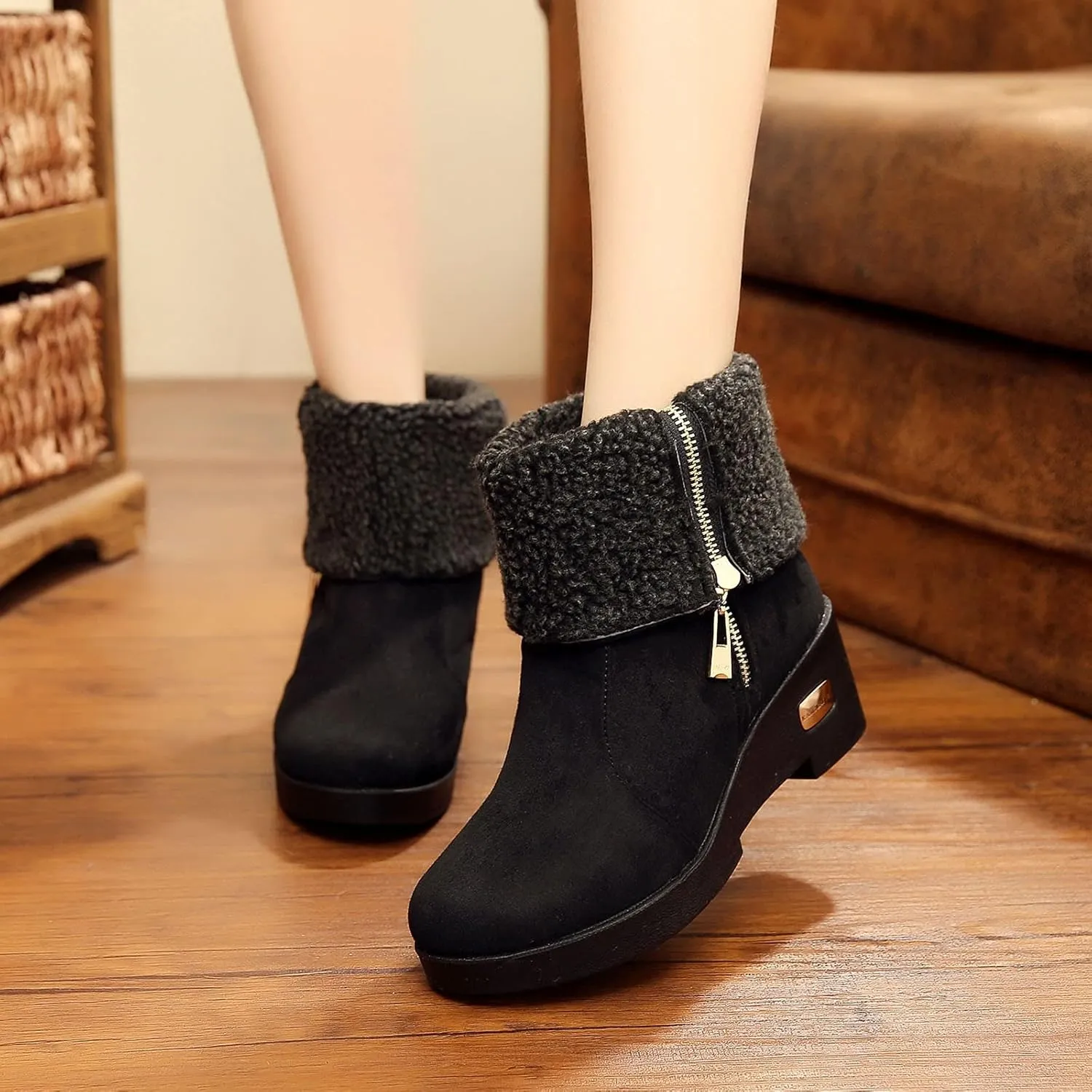 Snow Boots for Women Suede Anti-slip Winter Boots Side Zipper Classic Fuzzy Fur Booties Winter Warm Outdoor Ankle Boots Outdoor Sneakers Winter Shoes