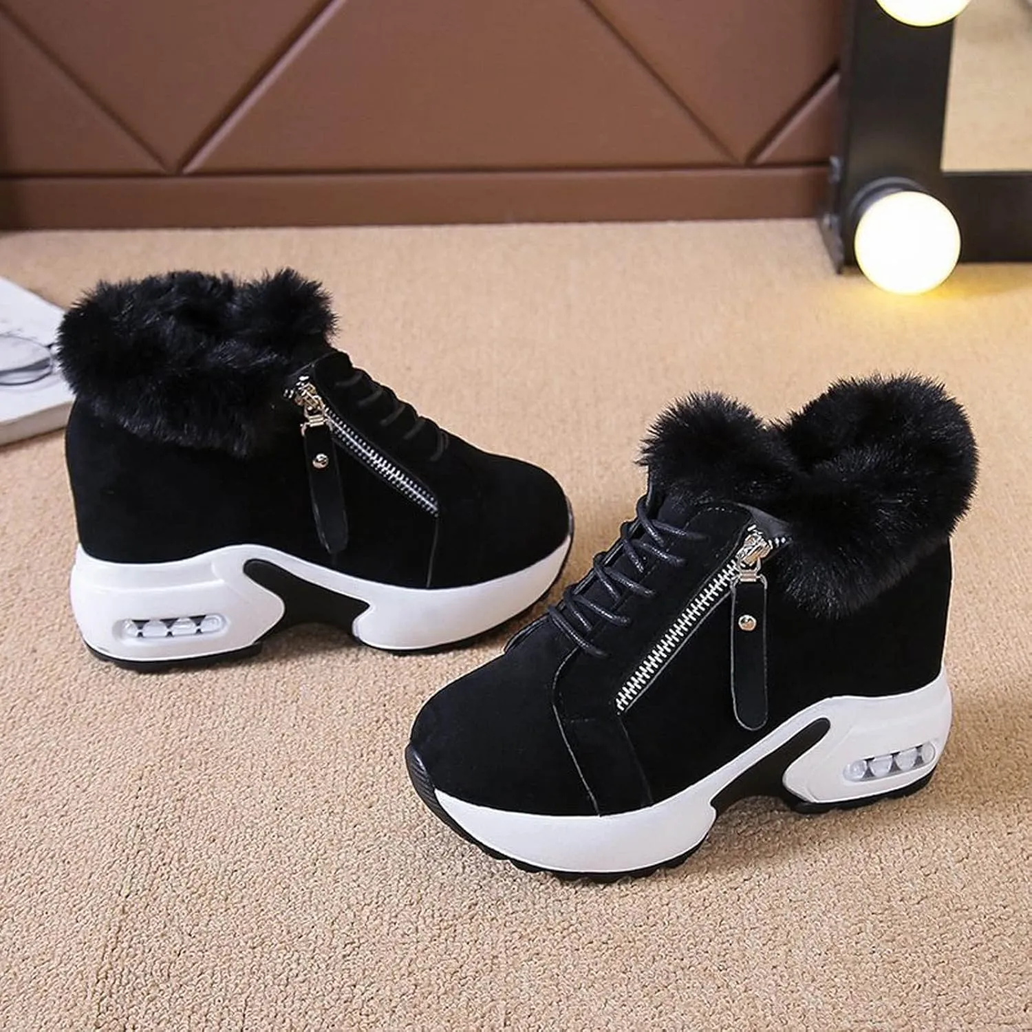 Snow Boots for Women Suede Platform Sneakers Anti-slip Winter Boots Classic Fur Lined Booties Lightweight Slip on Ankle Boots Ladies Walking Hiking Booties