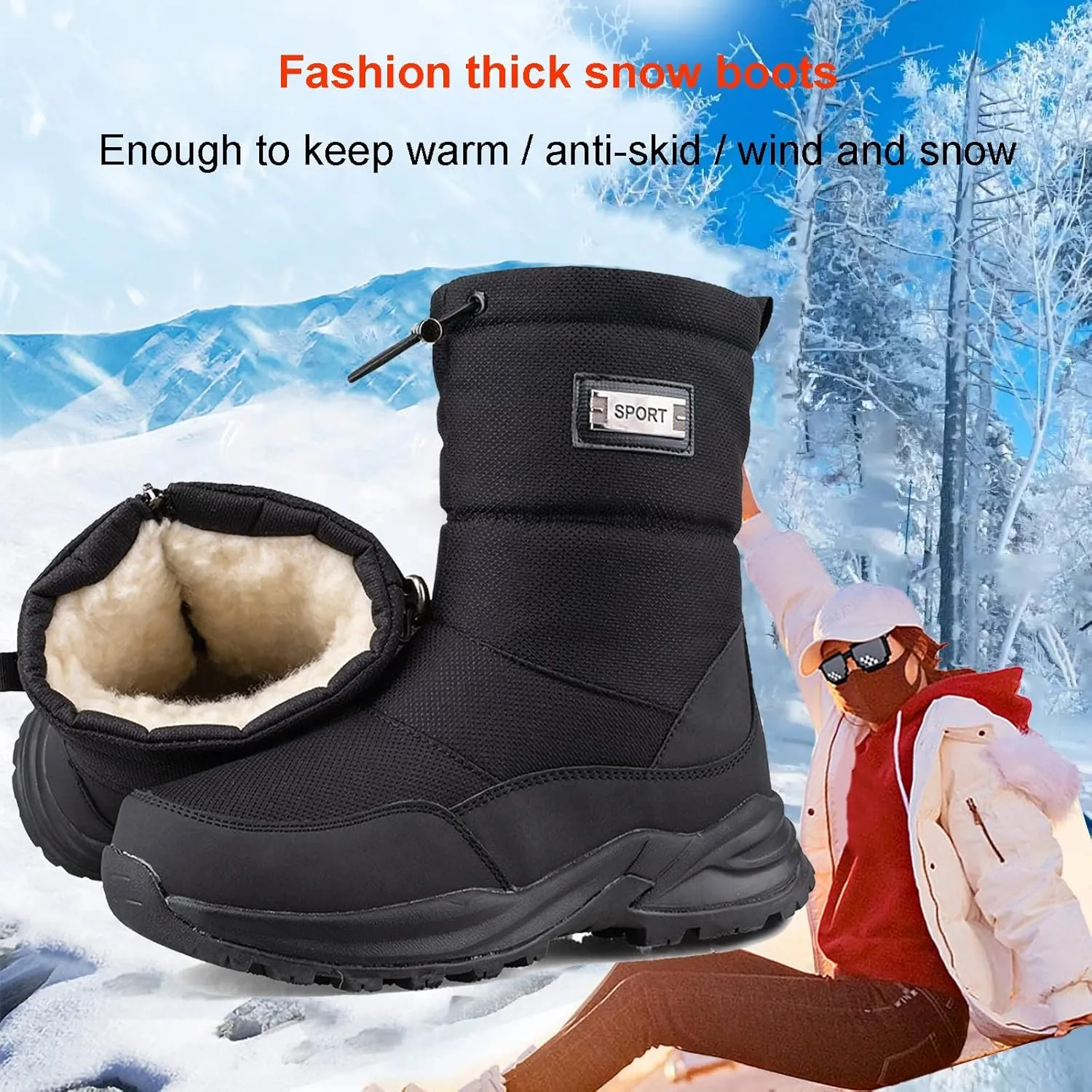 Snow Boots Men Women Waterproof Hiking Boots Winter Boots Warm Lined Hiking Boots Non-Slip Trekking Hiking Boots Side Zip Warm Ankle Boots Men