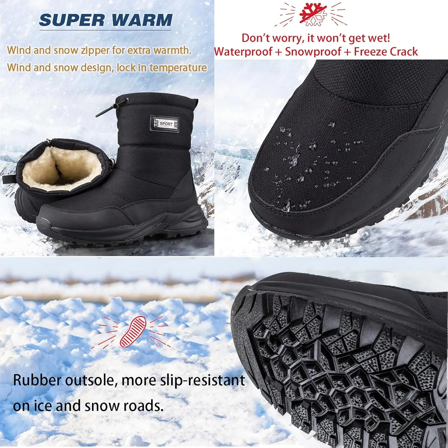 Snow Boots Men Women Waterproof Hiking Boots Winter Boots Warm Lined Hiking Boots Non-Slip Trekking Hiking Boots Side Zip Warm Ankle Boots Men