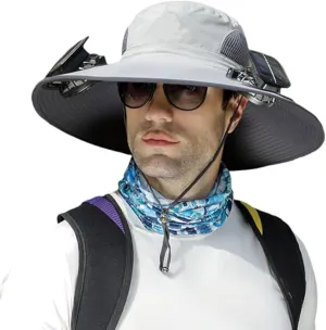 Solar Fan Hats for Men Wide Brim Sun Hat with 2 Solar Fan Bucket Hat Outdoor Fishing Hat for Hiking Camping