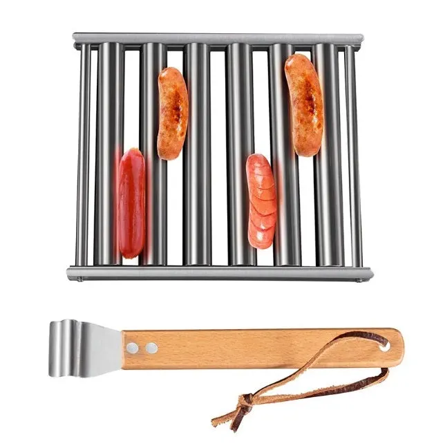 STAINLESS STEEL HOT DOG ROLLER WITH WOOD HANDLE